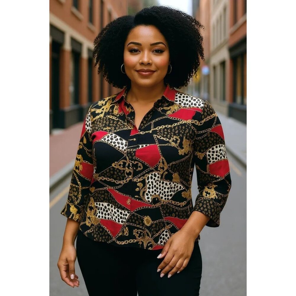Ruby Rd Blouse Womens Plus 3X Multicolor Leopard Print Gold Link Top Maximalist
